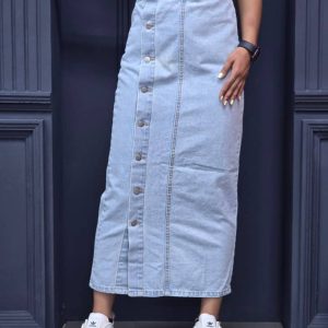 دامن جین آبی یخی دکمه ای